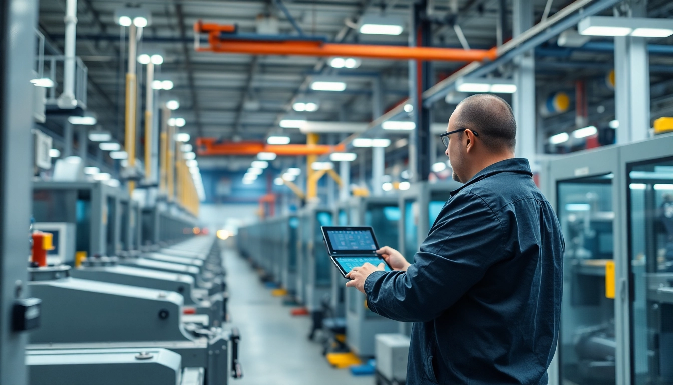 Technician utilizing advanced technology in a modern manufacturing facility.