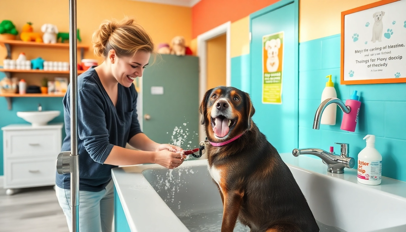 Enjoy a clean dog wash near me experience at a self-serve station with colorful supplies and happy pets.