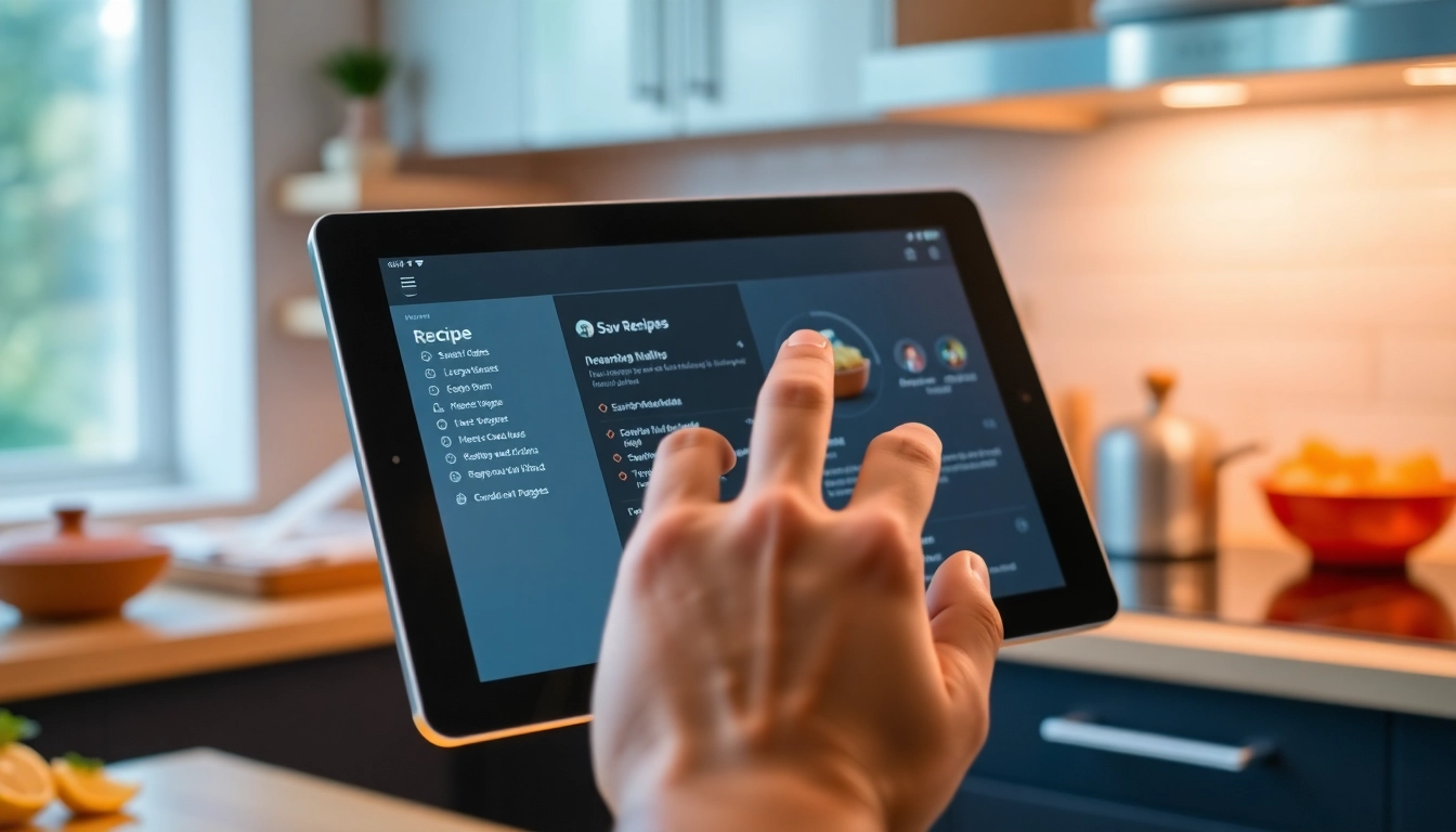 Save recipes my way with a sleek digital interface on a tablet in a modern kitchen setting, showcasing user-friendly recipe management.