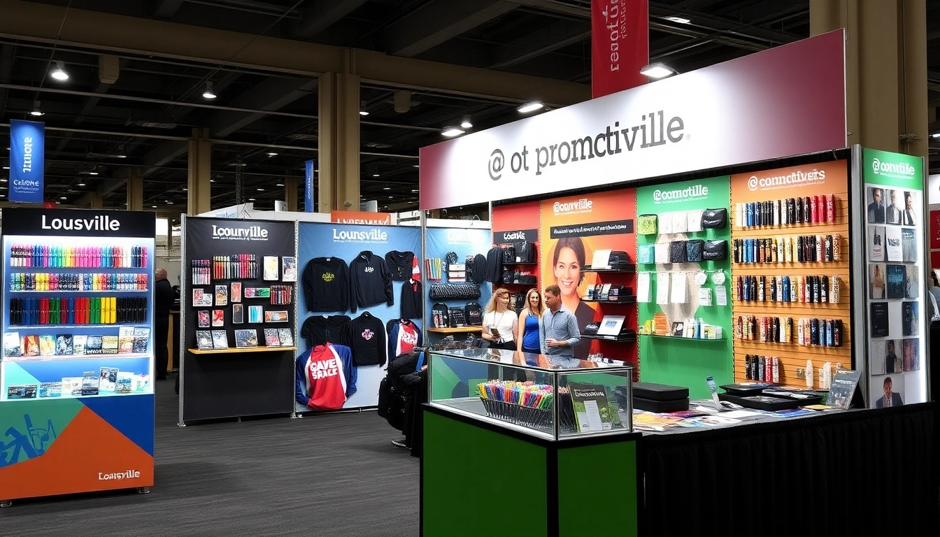 vibrant promotional products in Louisville displayed on a trade show table, including pens, apparel, and tech gadgets, inviting business engagement and brand visibility