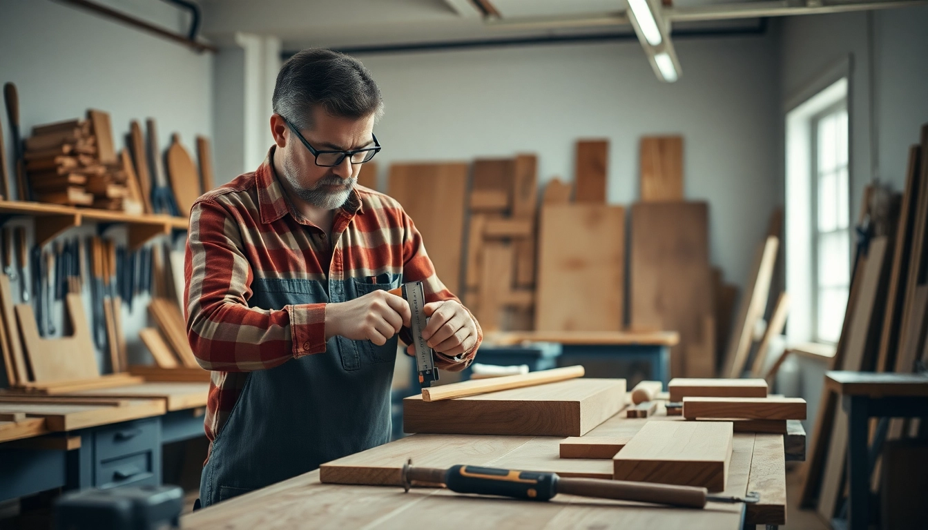 Carpenter sharpening tools while constructing wooden furniture in a well-lit workshop, highlighting craftsmanship and attention to detail for accessibility.