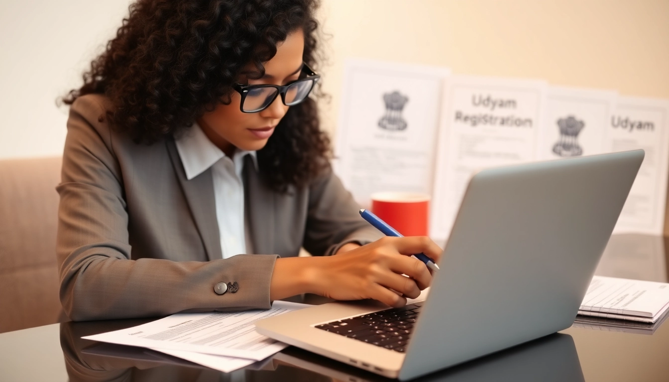 Udyam registration process being completed online by a small business owner with documents and digital interface for MSME registration.