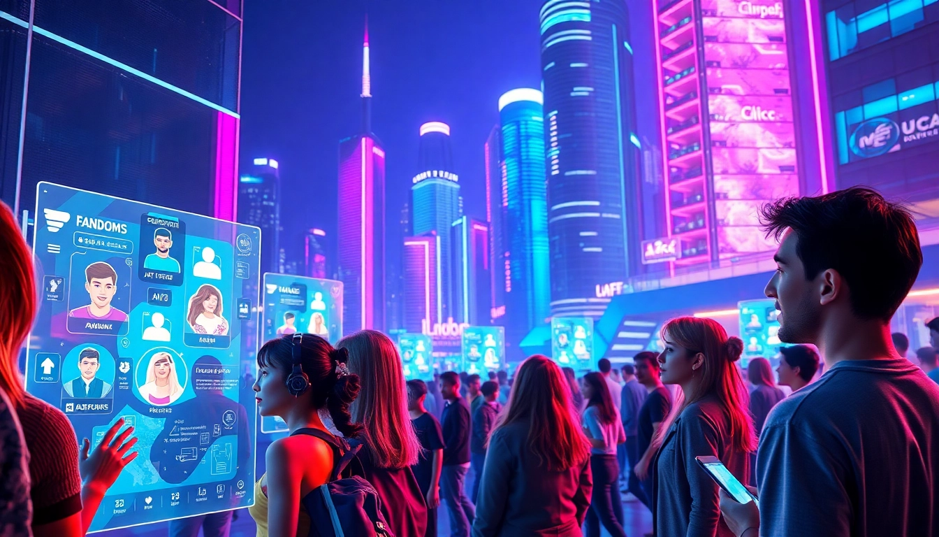 Futuristic social media environment with holographic screens, avatars, and neon cityscape.