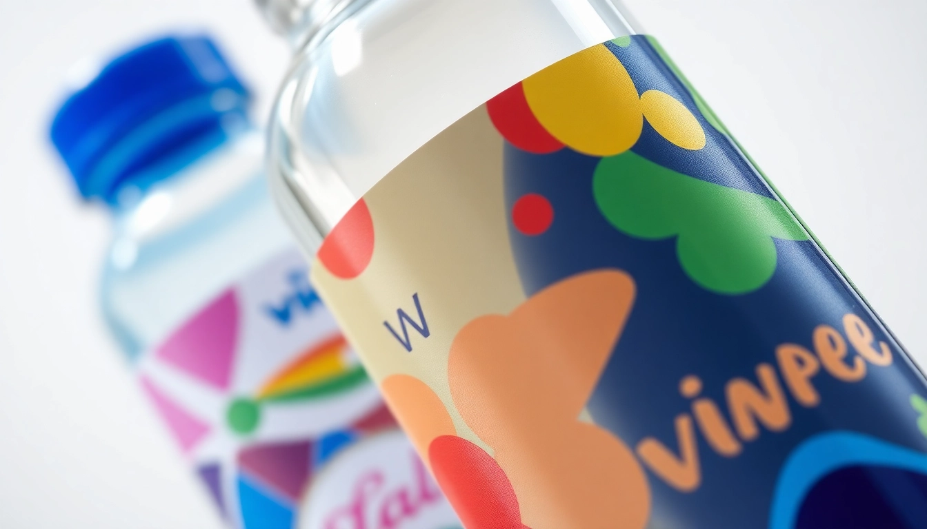 Custom water bottle labels on attractive bottles with waterproof finishes and eye-catching designs, ideal for branding or events.