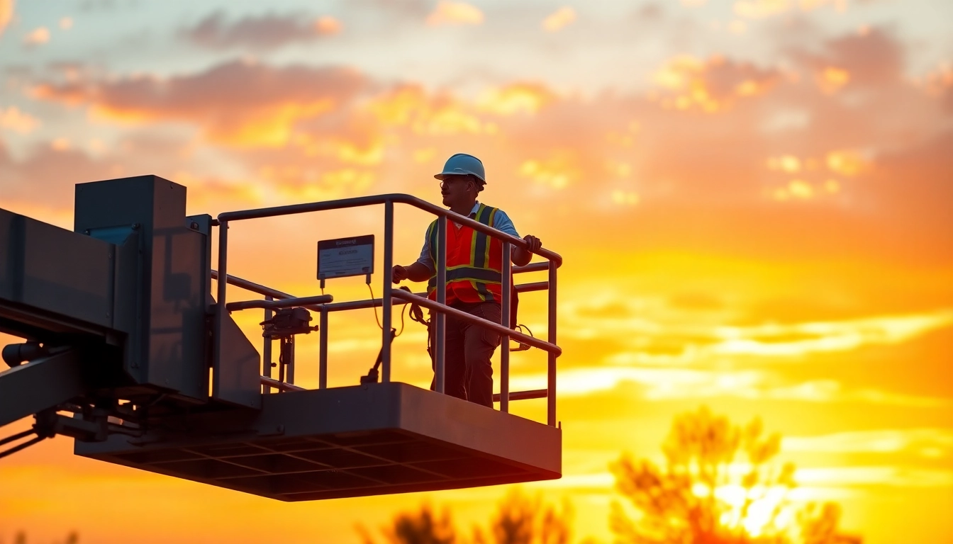 Efficient boom lift rental service with a worker safely operating a boom lift at height outdoors.
