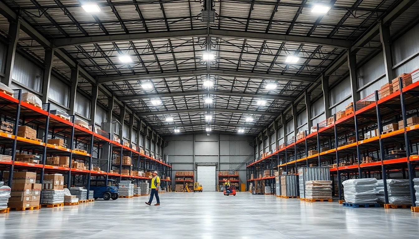 Moderne Industriehalle mit LED-Beleuchtung, zeigt helle, gleichmäßige Lichtverteilung und klare Texturen