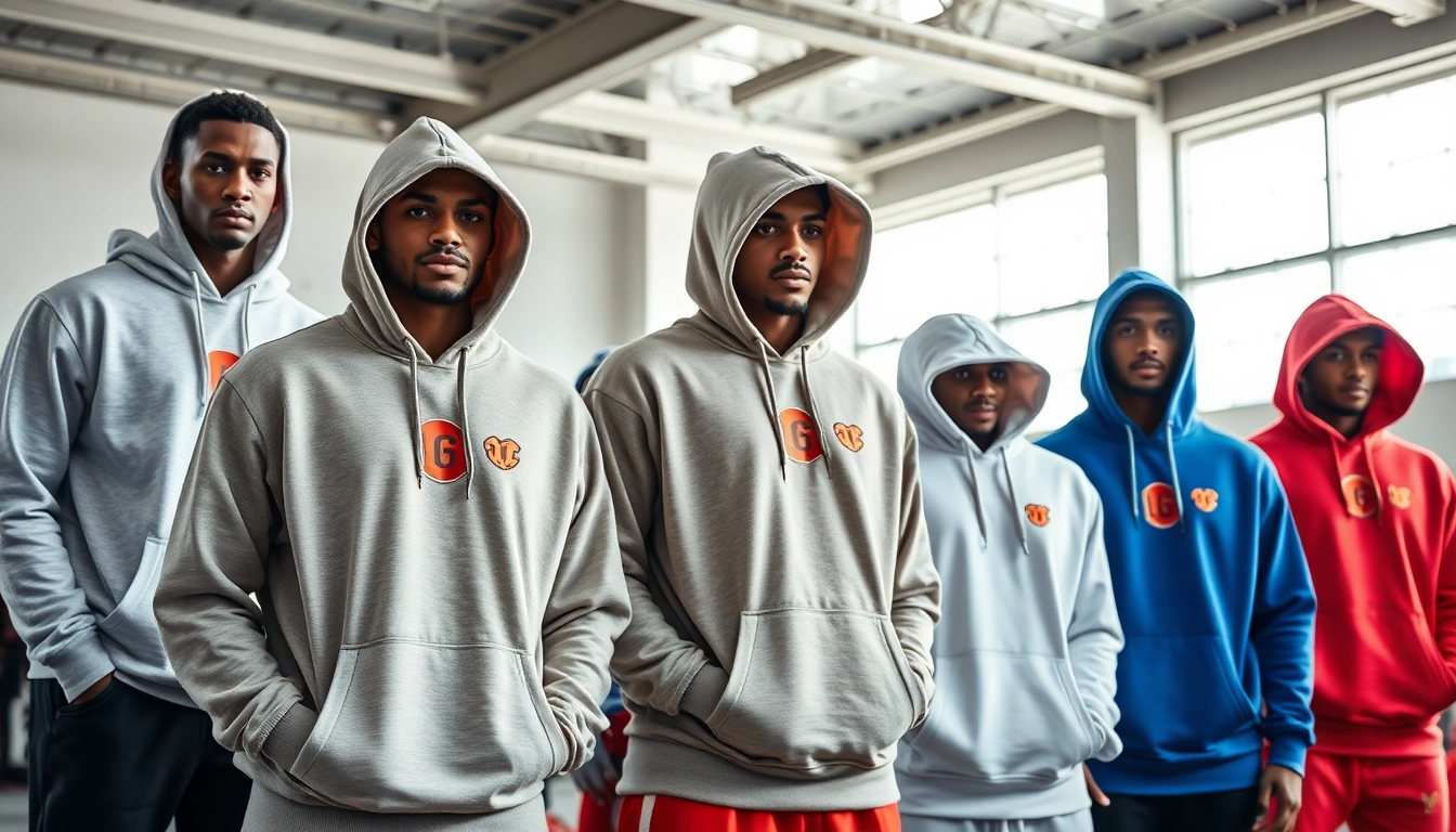 Custom teamwear hoodies displayed on athletes showcasing vibrant logos and high-quality fabric for sports teams