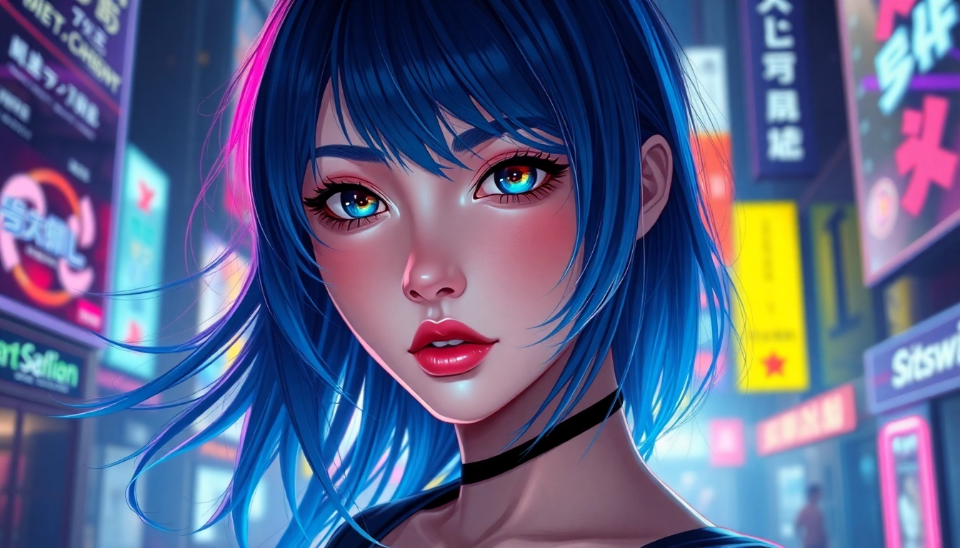 Futuristic anime-inspired woman with vibrant blue hair in a neon-lit cyberpunk cityscape.