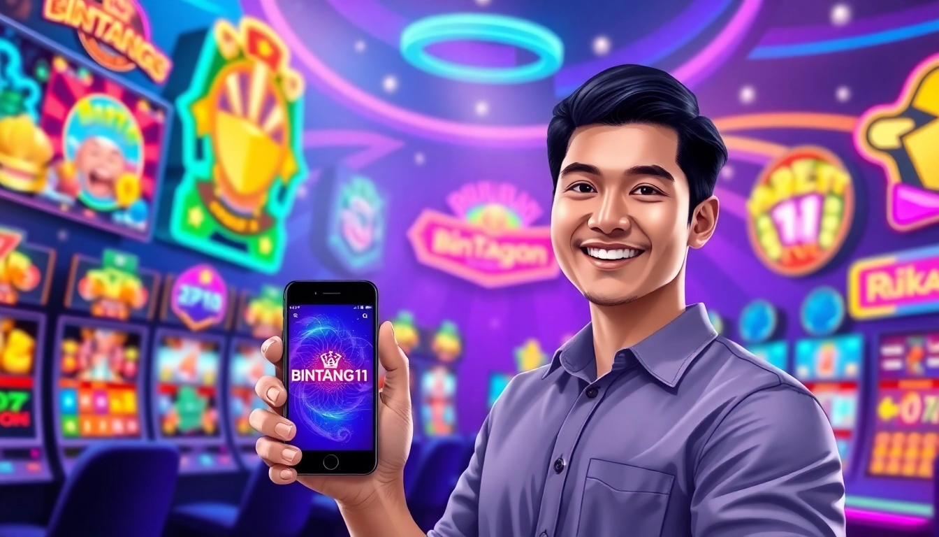 A lively online gaming scene with colorful screens and a confident gamer holding a smartphone, showcasing BINTANG11 platform.