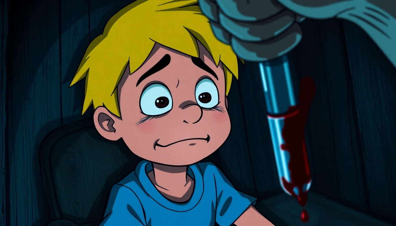 A disturbing scene showing Harvey with a pained expression, illuminated by cold lighting, with a threatening tool in the foreground, symbolizing moral conflict and suffering.