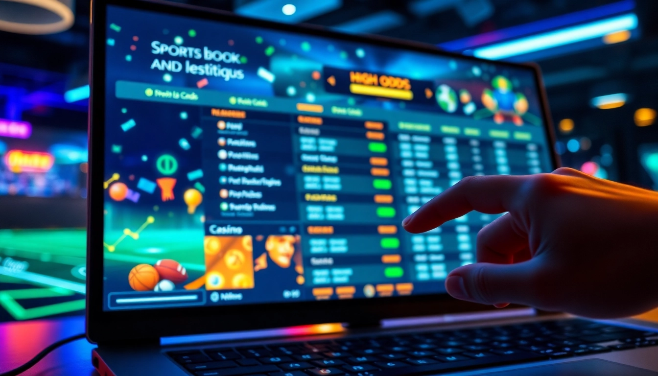 Digital sportsbook and casino platform on a computer screen with neon lights and sports icons, symbolizing online betting excitement.