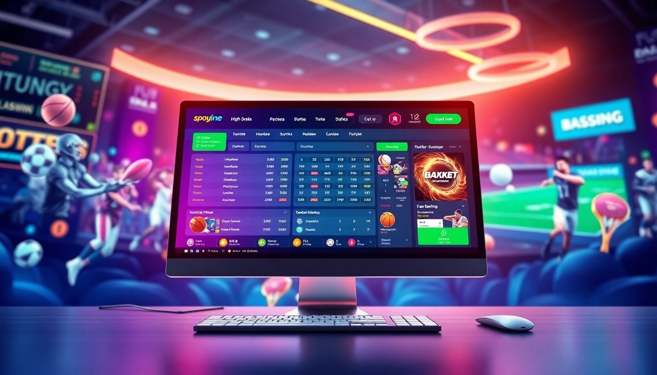 Digital sports betting platform with sports icons and vibrant graphics