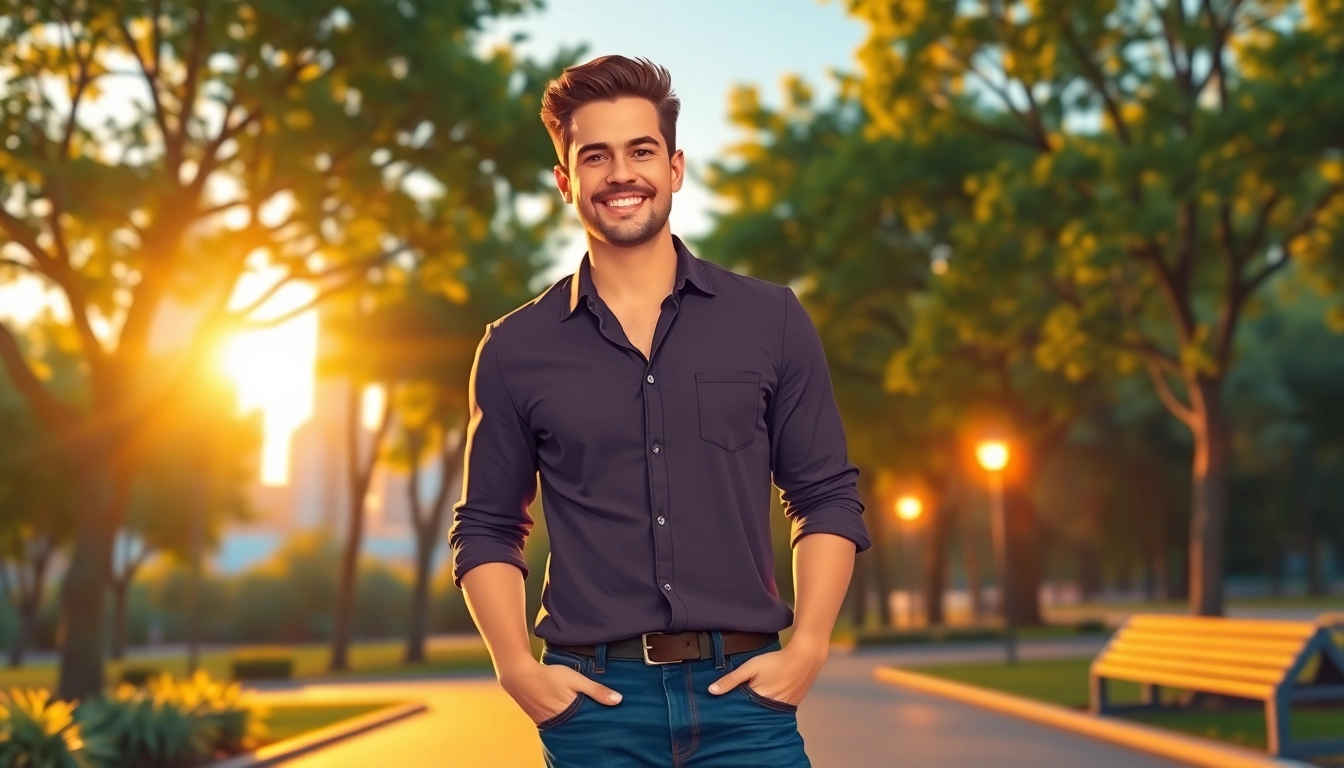 A confident man smiling in a park during sunset with city skyline in the background.