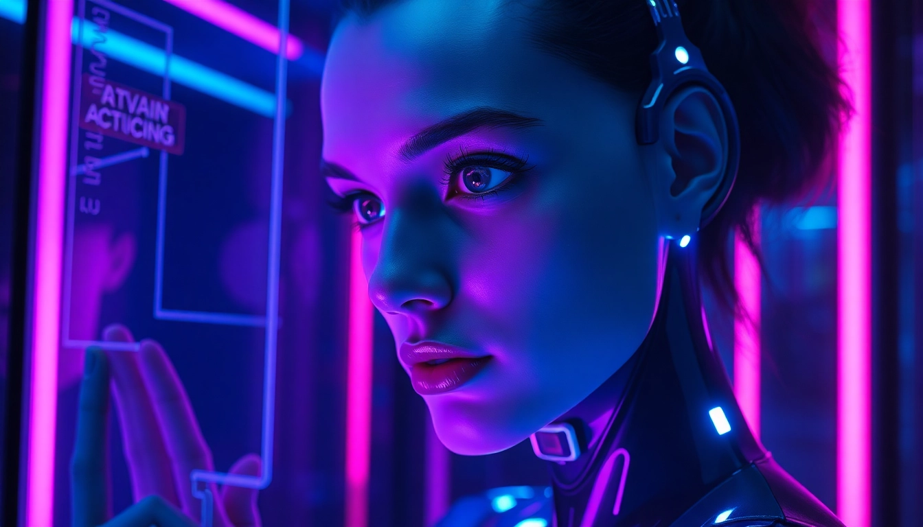Futuristic AI character engaging in adult-themed conversation in a neon-lit digital environment.