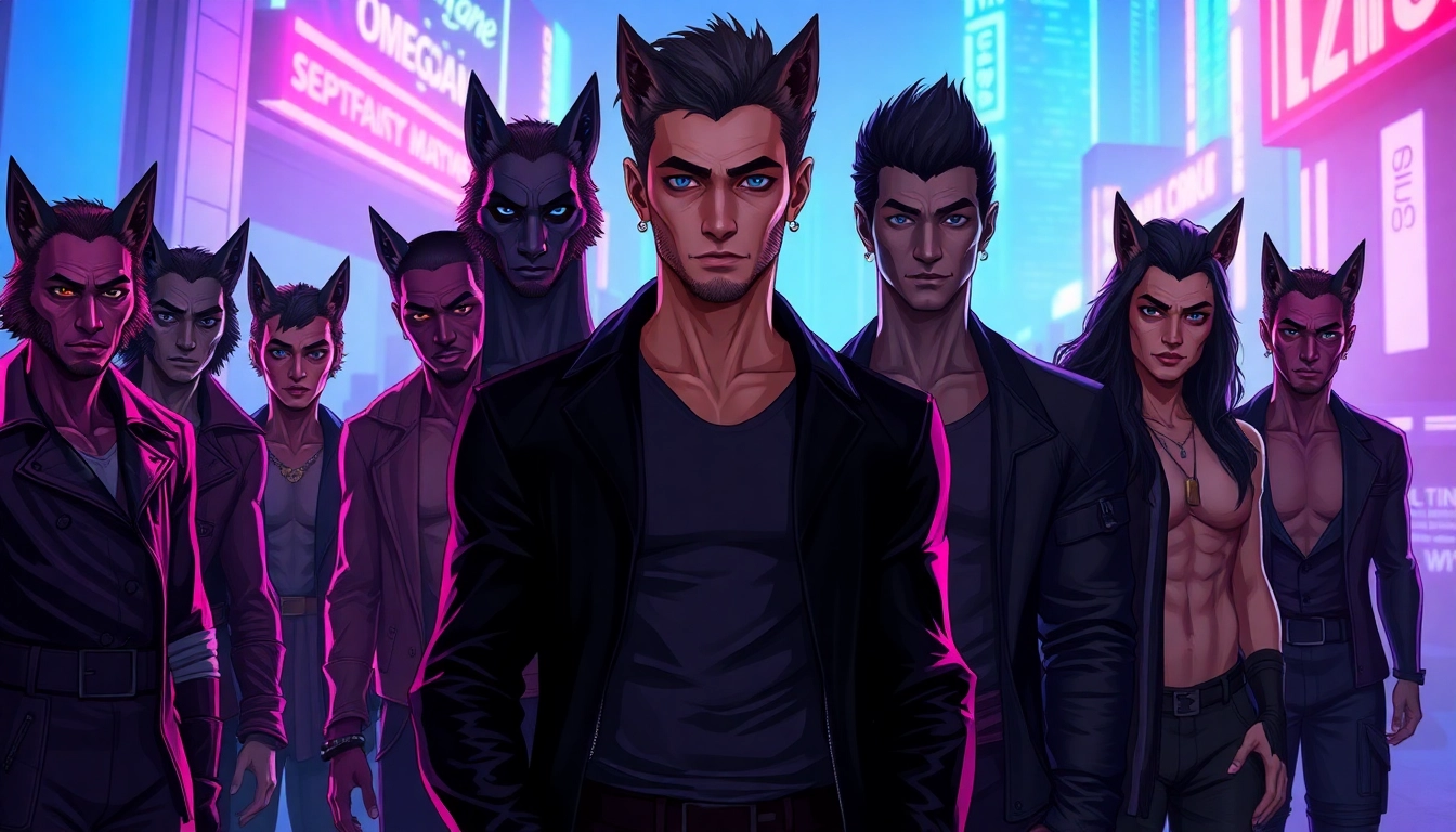 Futuristic society inspired by the Omegaverse with humans featuring wolf-like features in a neon-lit cityscape