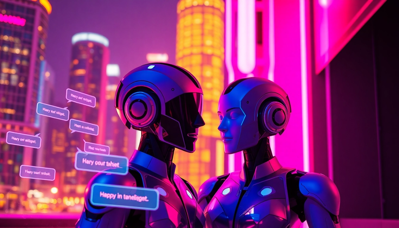 Futuristic digital scene with two AI chat characters in neon-lit cityscape, engaging via holographic interface with vibrant colors and a sensual, playful mood.