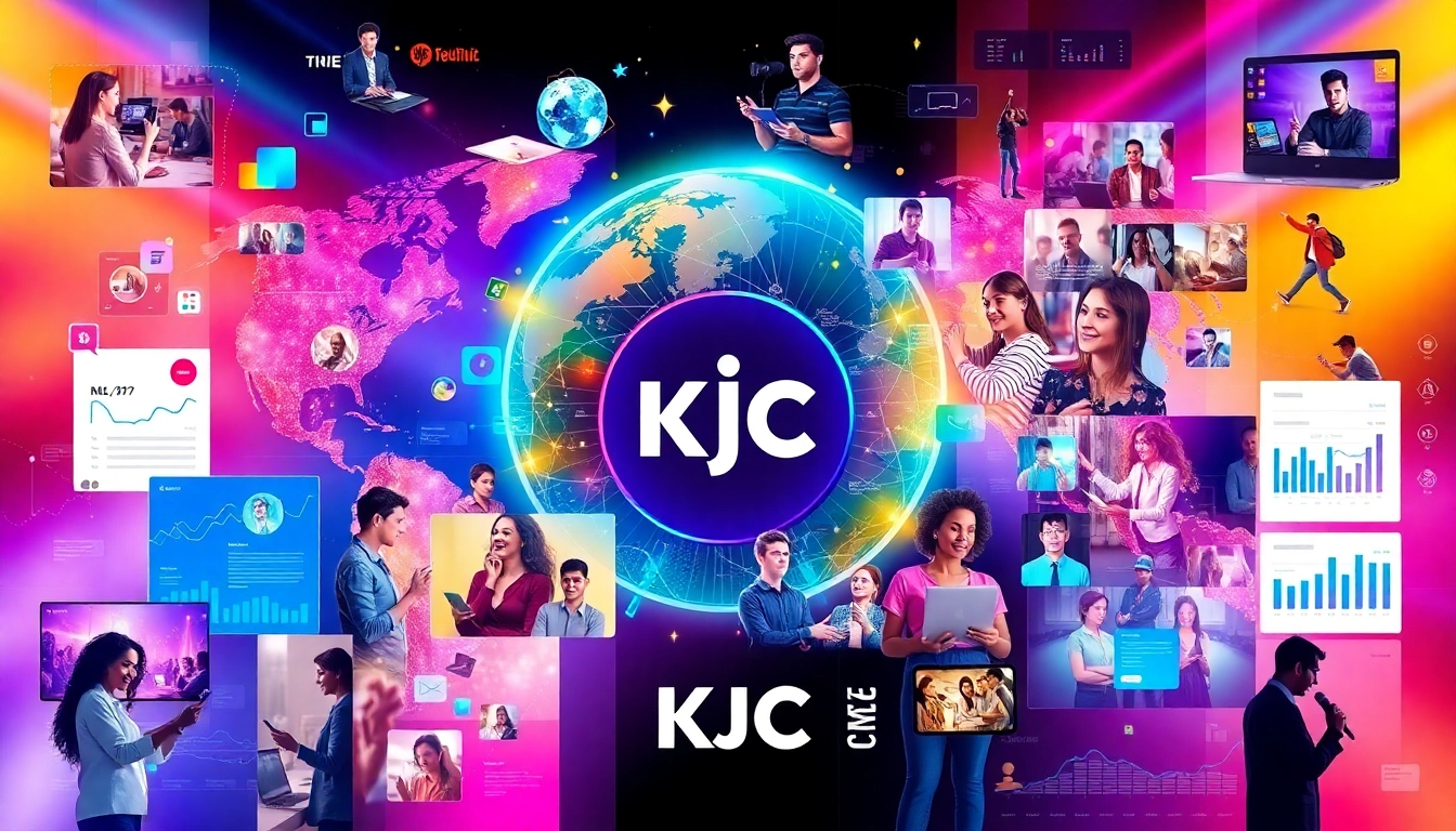 KJC branding logo with smiling users engaging on mobile and desktop devices, emphasizing global