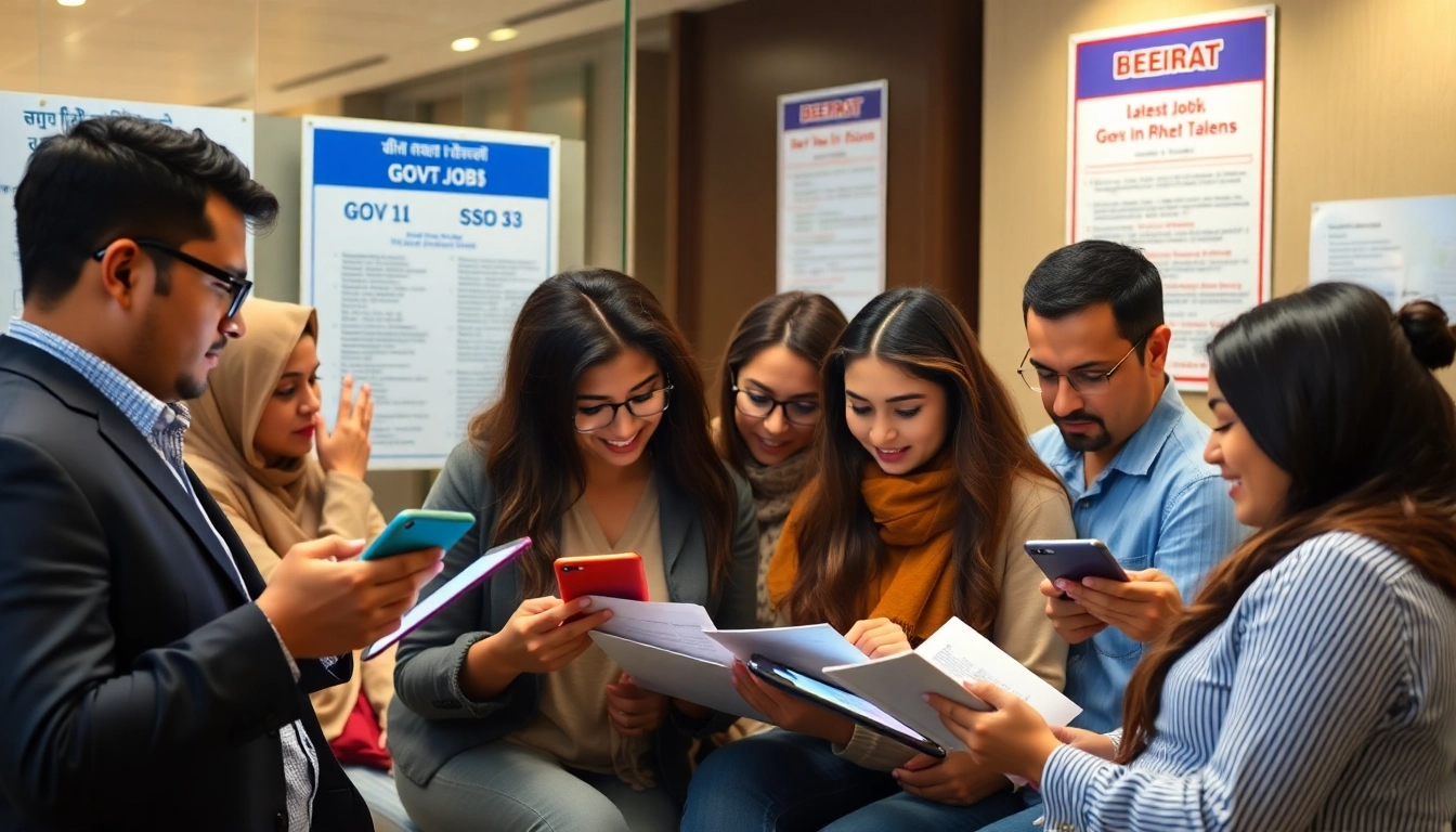 Latest Govt Jobs updates guide with confident professionals reviewing notifications on tablets