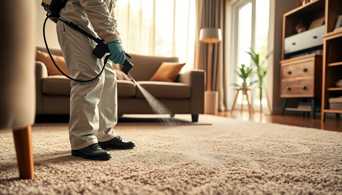 Pest control technician treating a home interior for fleas with spray equipment, in a well-lit living room.