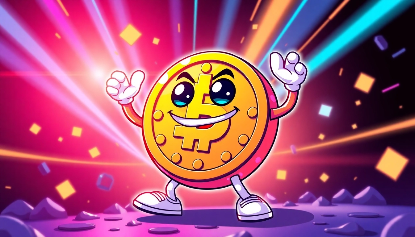 Crypto Community Meme Animated meme coin character with blockchain visuals and vibrant colors