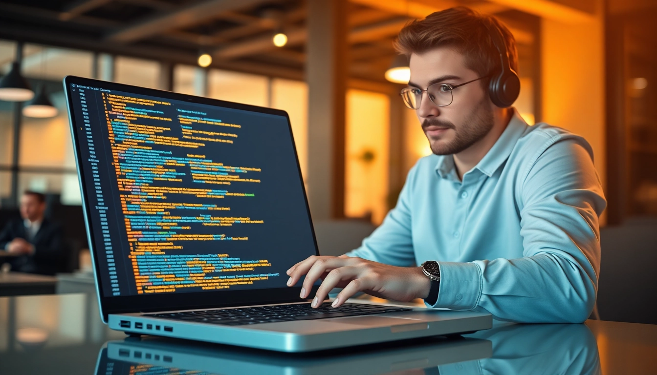 Java developer working on coding project in modern office environment