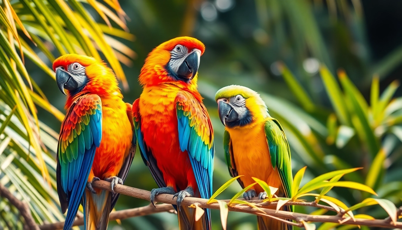 Vivid parrots with colorful feathers sitting on tree branches in a lush jungle setting for bird