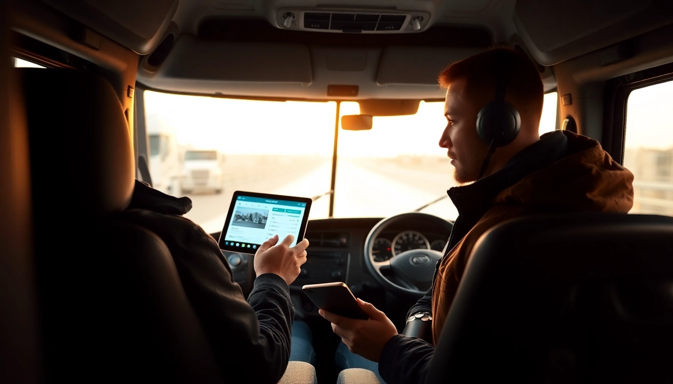 Truckers read detailed trucker reviews on a tablet inside cab to improve driving experience