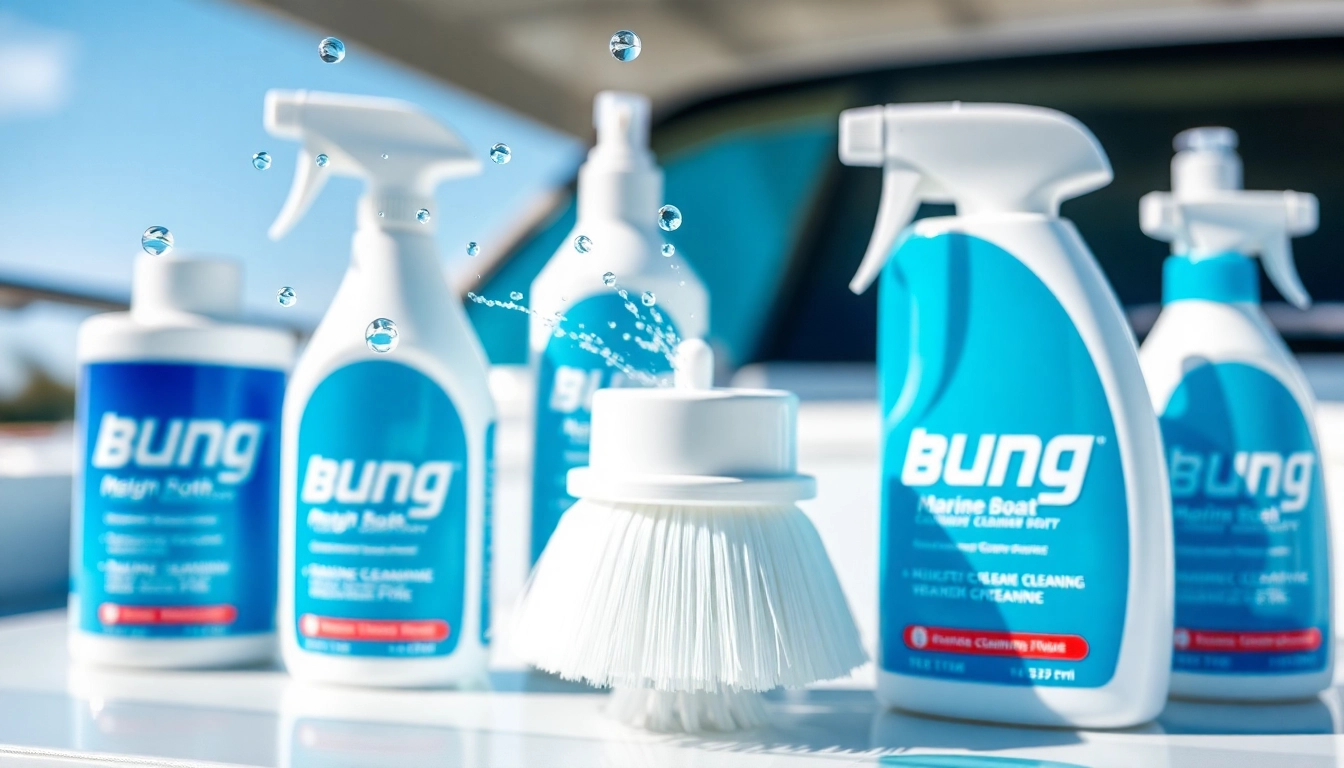 Blung branded boat cleaning equipment shown in action with shiny surfaces and water spray,